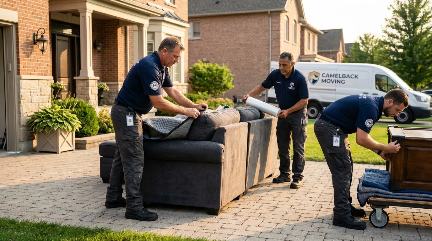 Large estate moving crew wrapping furniture in Derby, CT