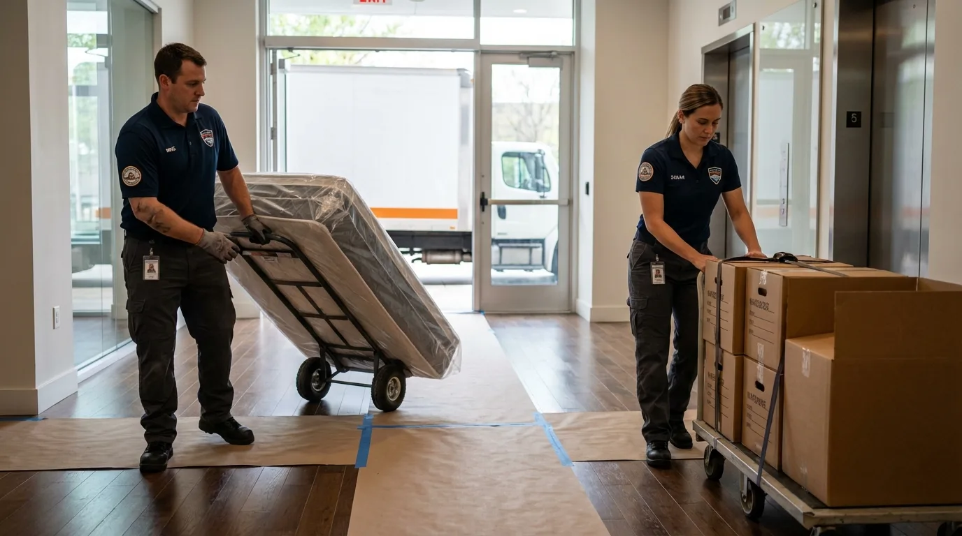 Professional apartment movers loading elevator in Derby, CT